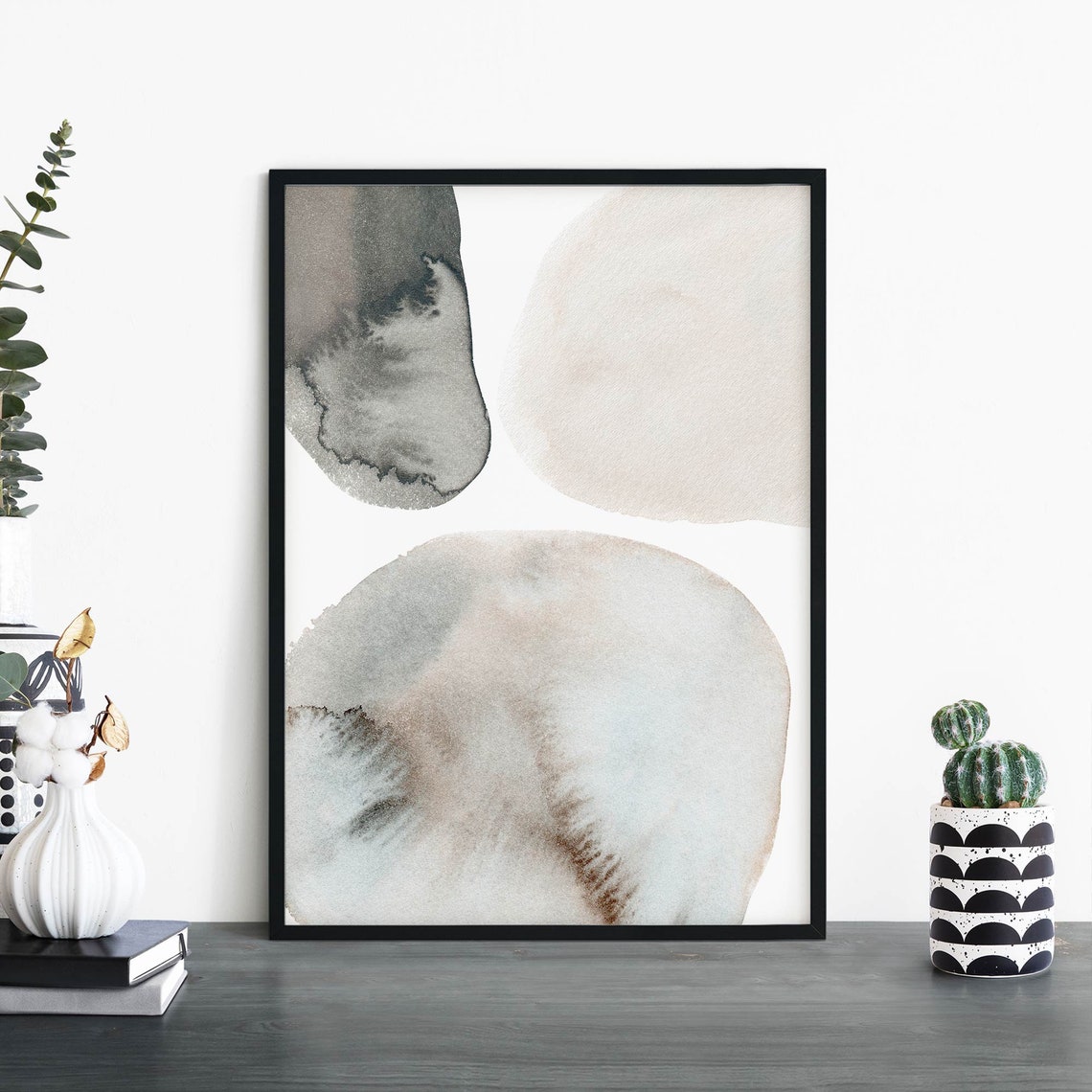 Abstract Watercolor Neutral Beige Grey Pebble Shapes Minimal Art Print