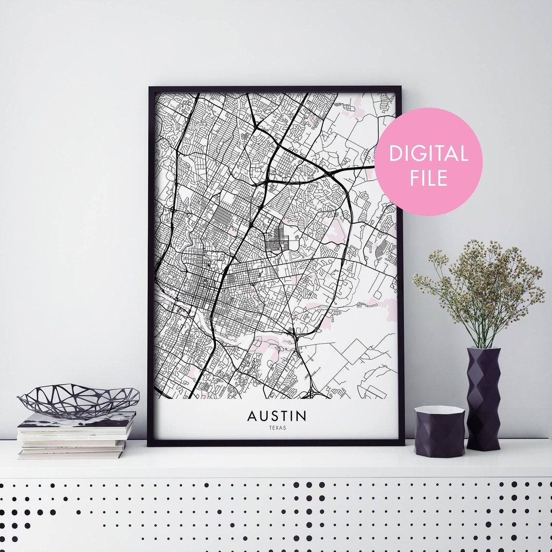 Austin Texas Minimalist Street Map Black White Modern City Poster
