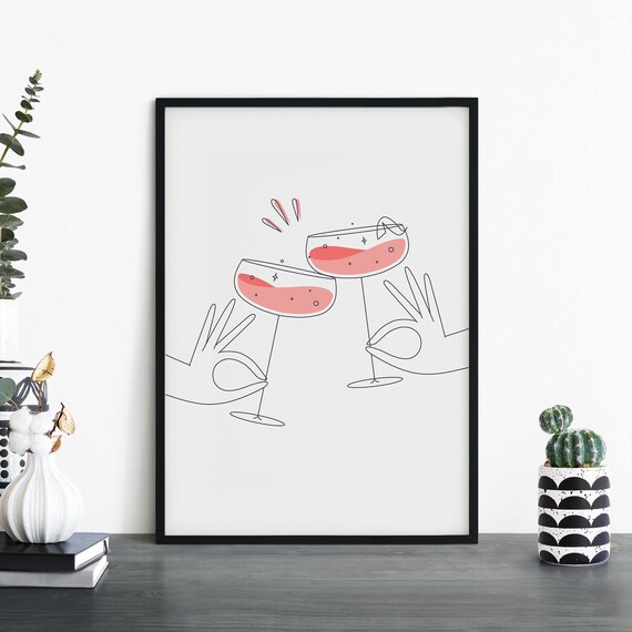 Pink Cocktail Coupes Cheers Minimalist Line Art Bar Cart Decor Poster
