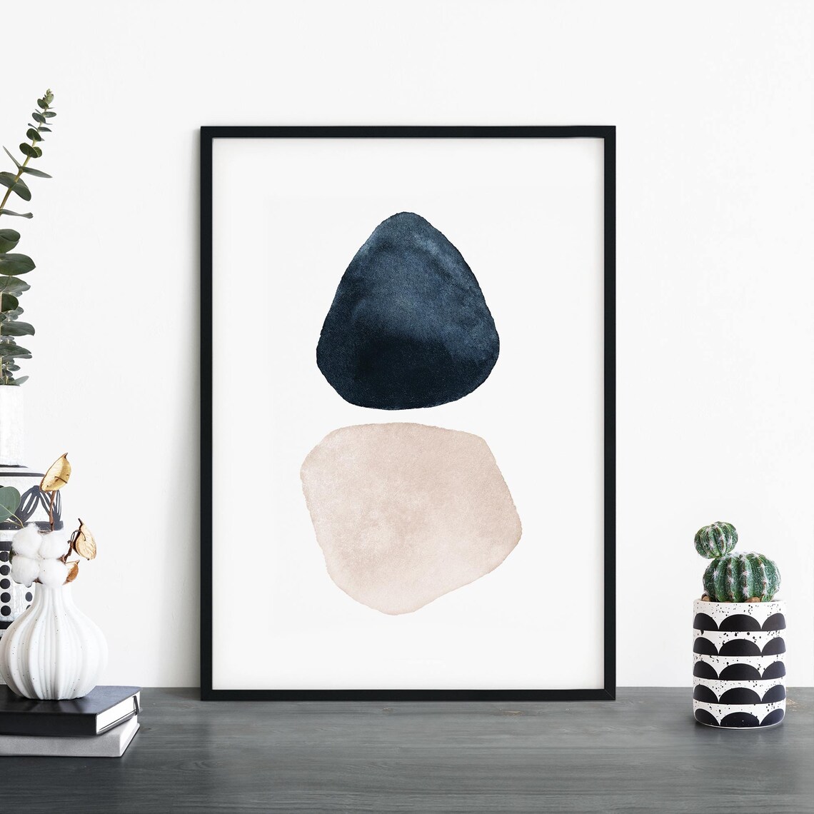 Abstract Watercolor Navy Beige Organic Shapes Modern Art Print