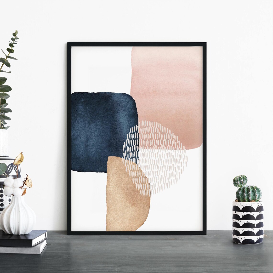 Navy Blue and Blush Pink Abstract Watercolor Shapes Wall Decor Poster