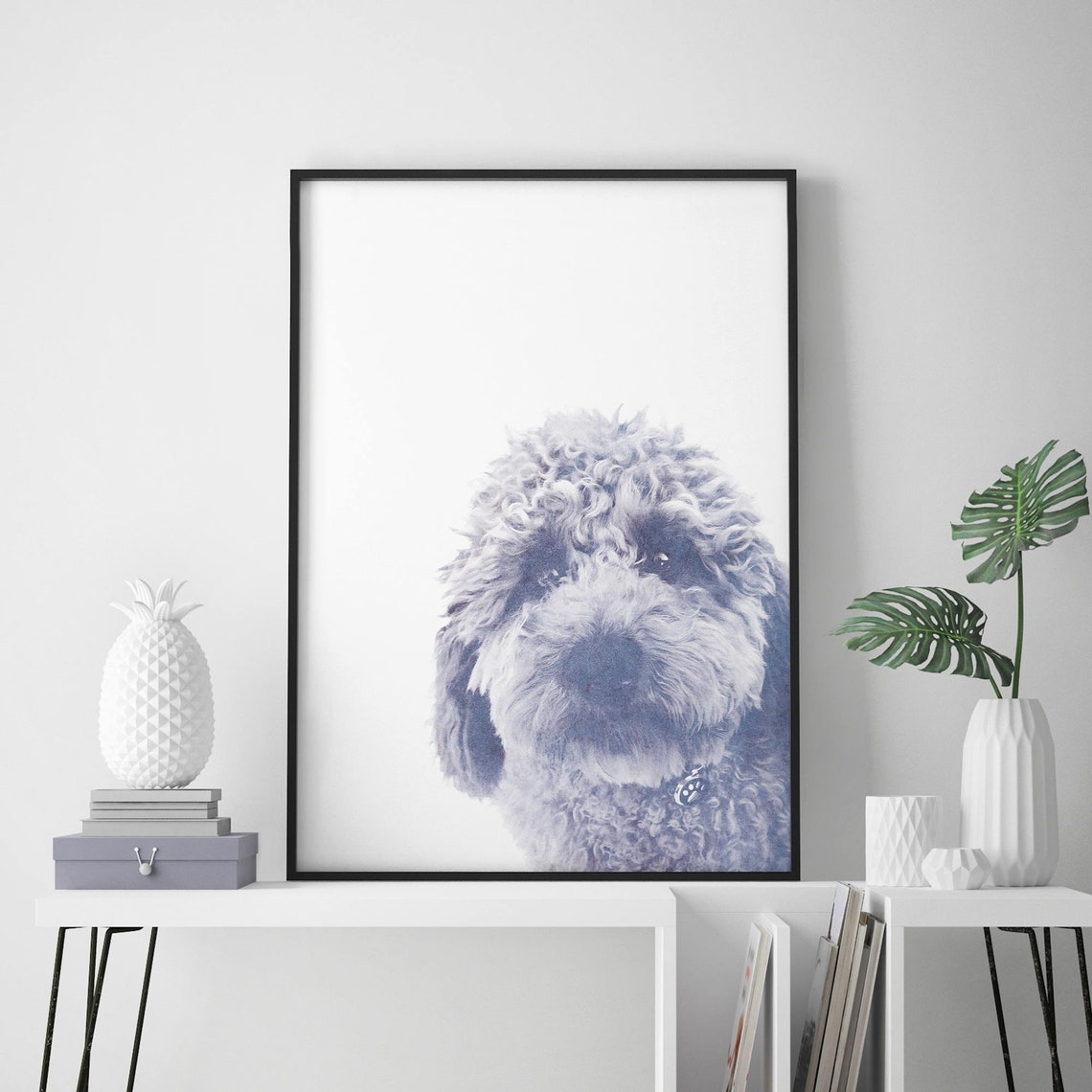 Cavoodle Poodle Puppy Watercolour Dog Portrait Blue Art Poster