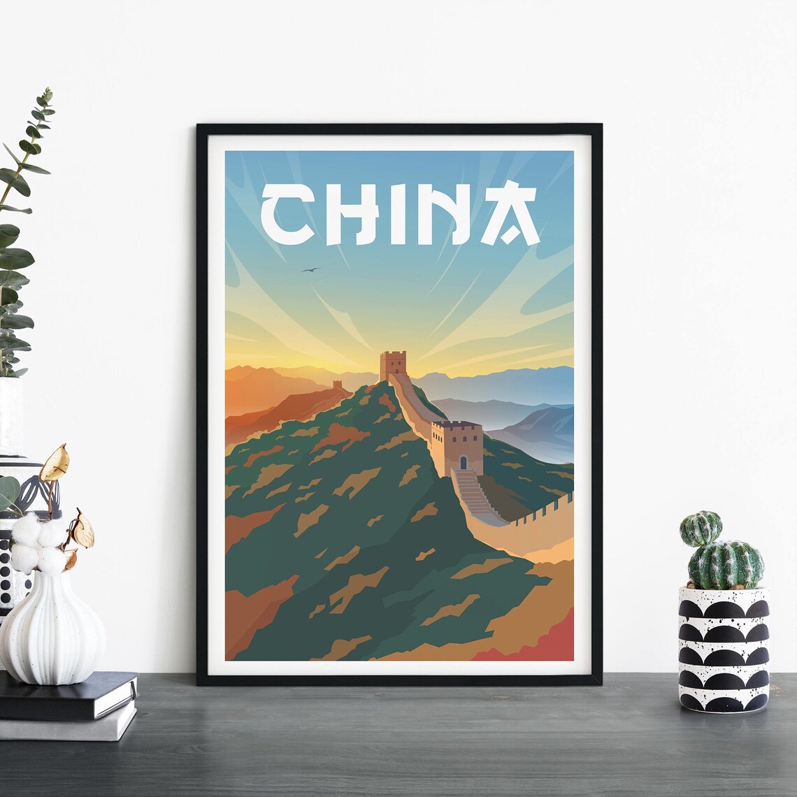 China Great Wall Travel Poster With Watchtowers Over Green Mountains