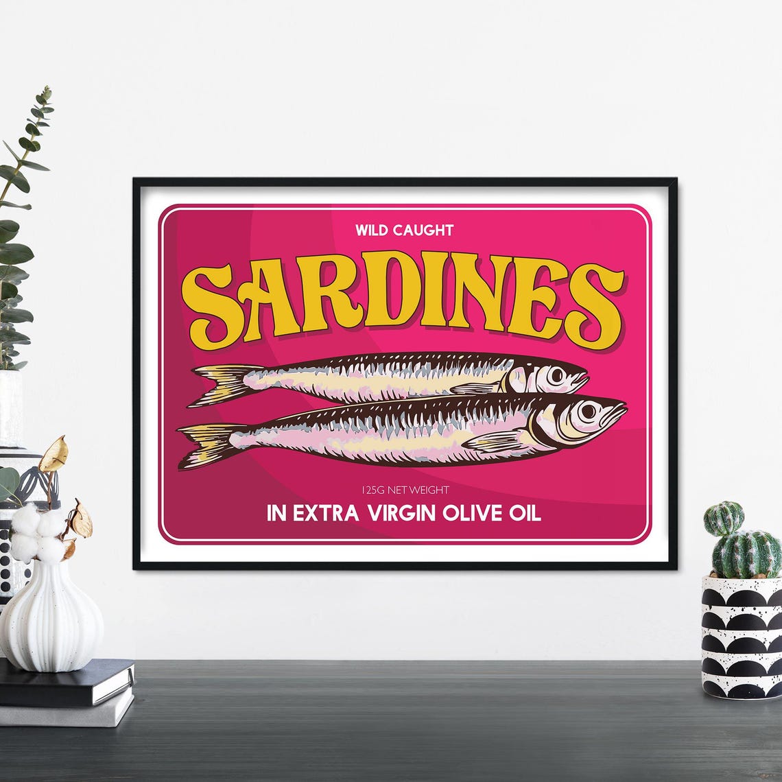 Pink Wild Caught Sardines Retro Tin Label Bold Kitchen Poster