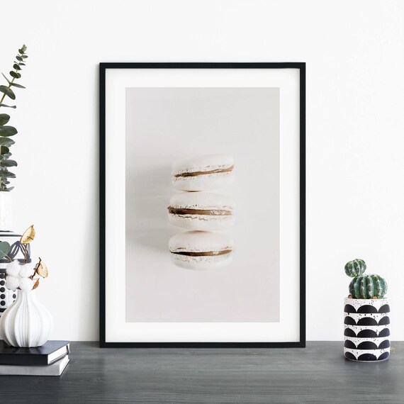 Three White Macarons Stacked Minimalist Food Photography Print