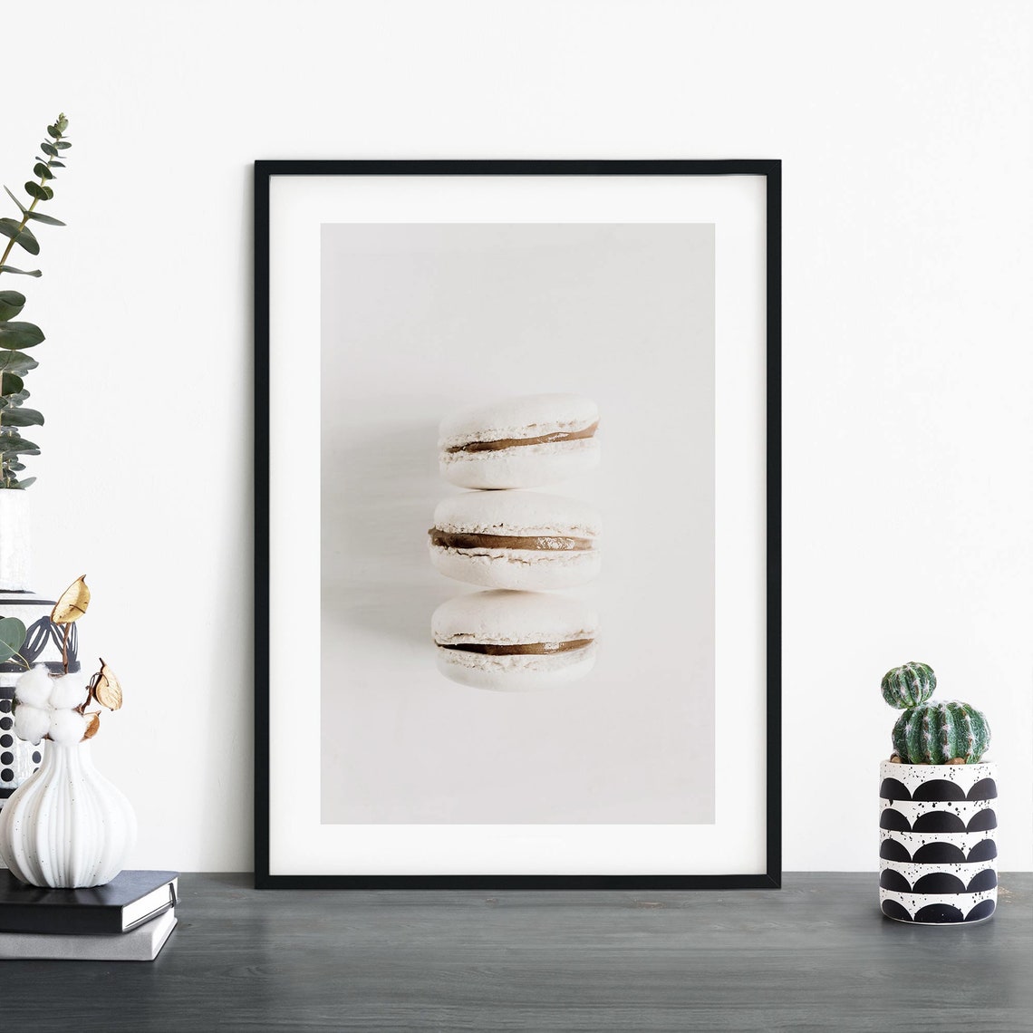 Three White Macarons Stacked Minimalist Food Photography Print