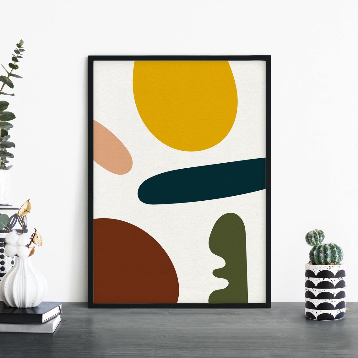 Organic Hues No7 Abstract Wall Poster Mustard Teal Rust Shapes Art
