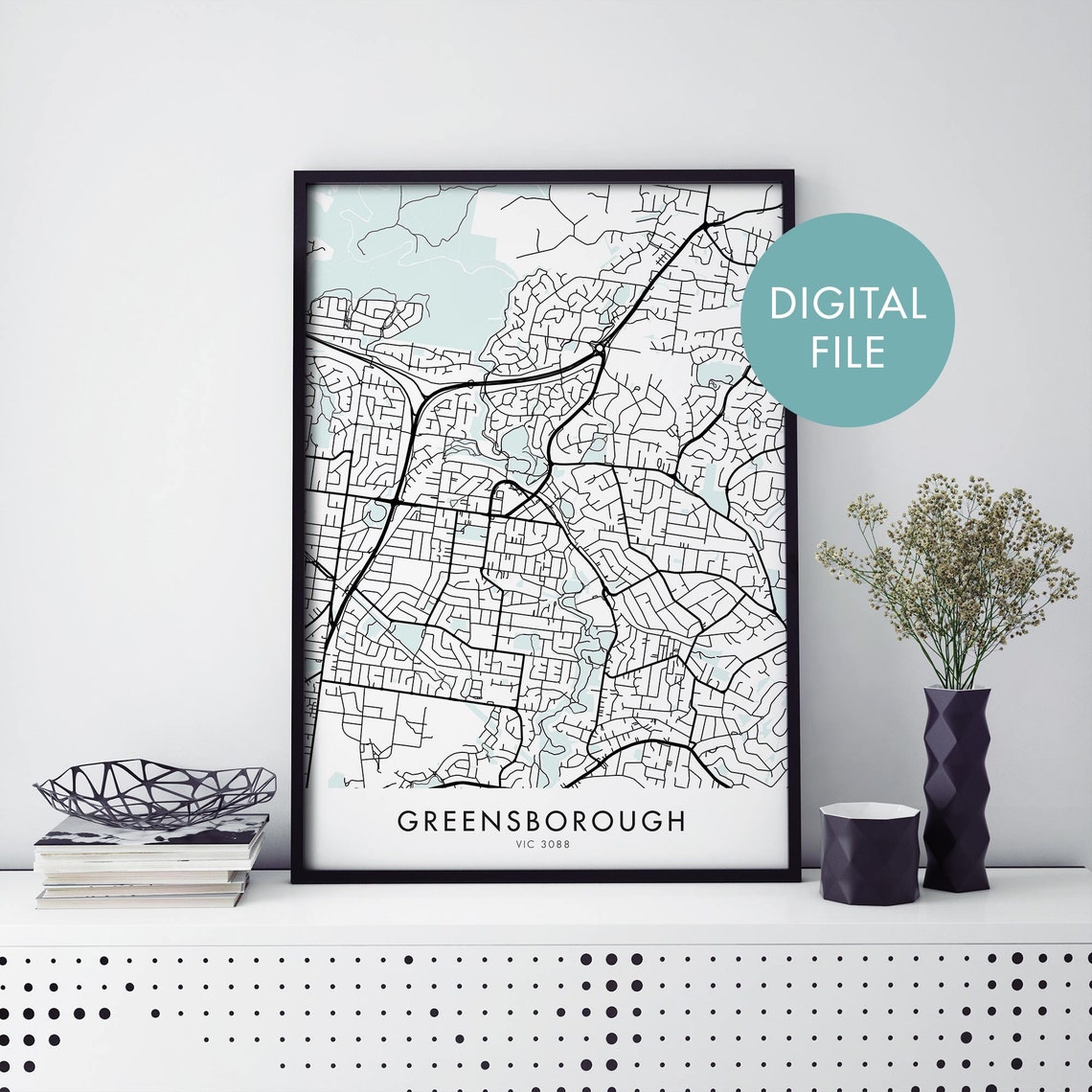 Greensborough VIC 3088 Minimalist Black White Street Map Print