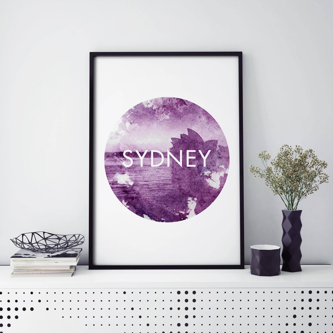 Sydney Purple Watercolor Circle Opera House Silhouette Art Print