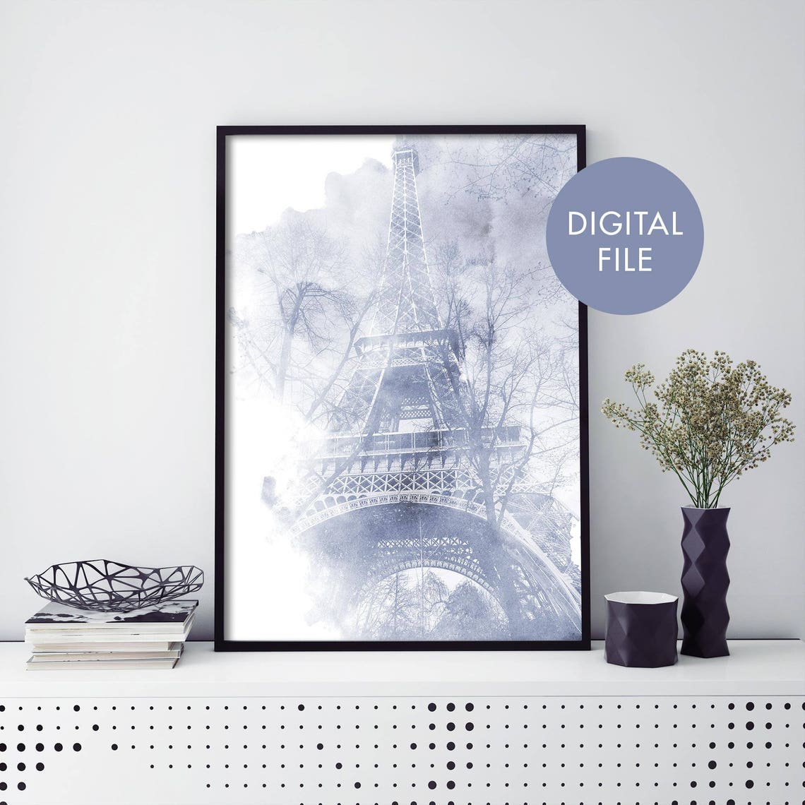Eiffel Tower Paris Blue Watercolour Misty Landmark Romantic Poster