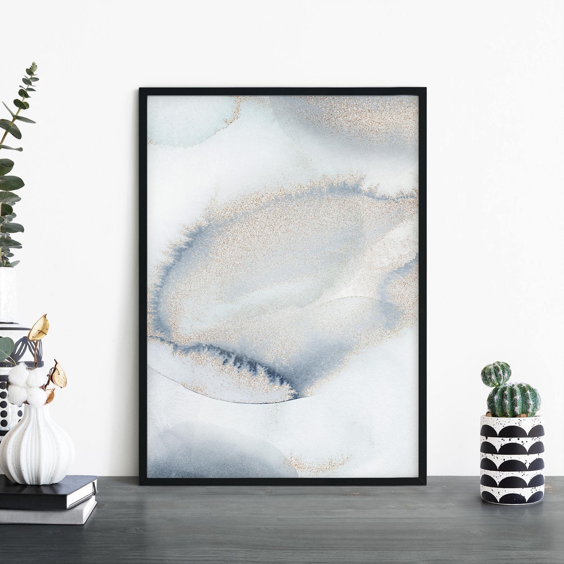 Grey Blue Watercolour Pebble With Gold Flecks Abstract Poster