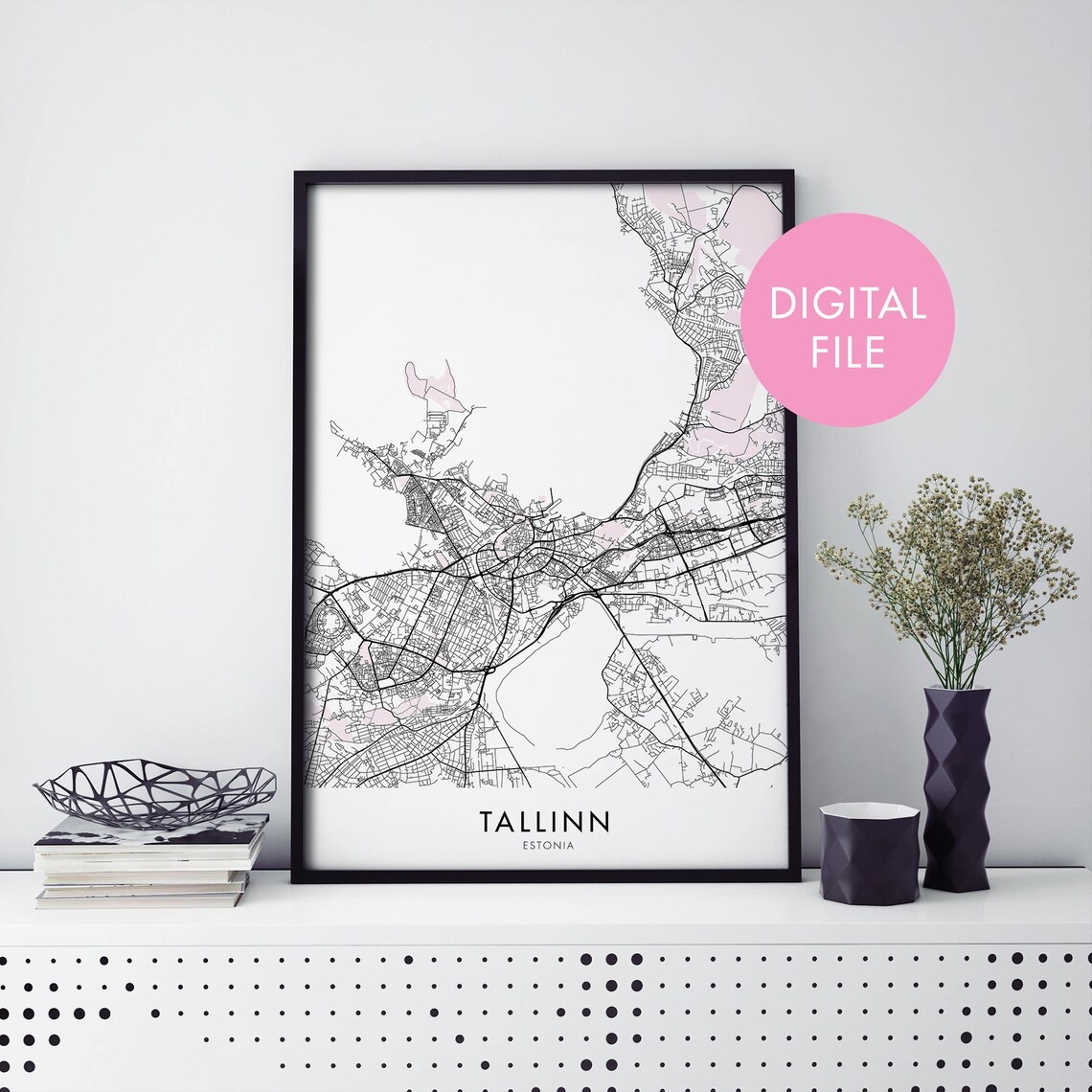 Tallinn Estonia Blush Pink Line Art Modern City Map Street Poster