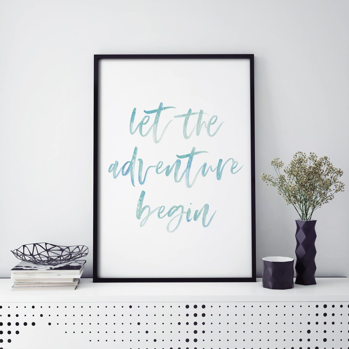 Let The Adventure Begin Teal Watercolor Script Quote Art Poster