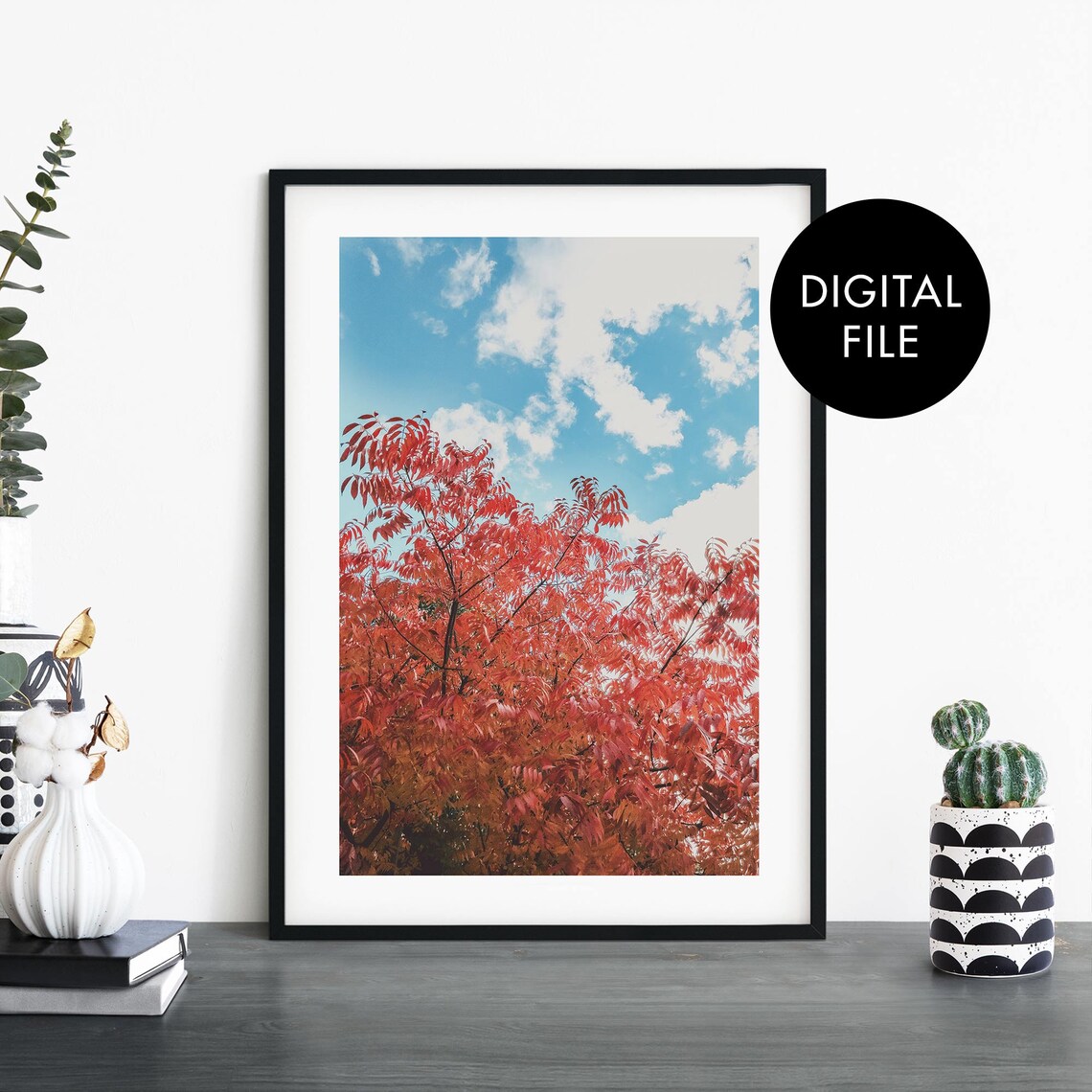 Fiery Red Autumn Leaves Foliage Sky Nature Digital Photo Poster