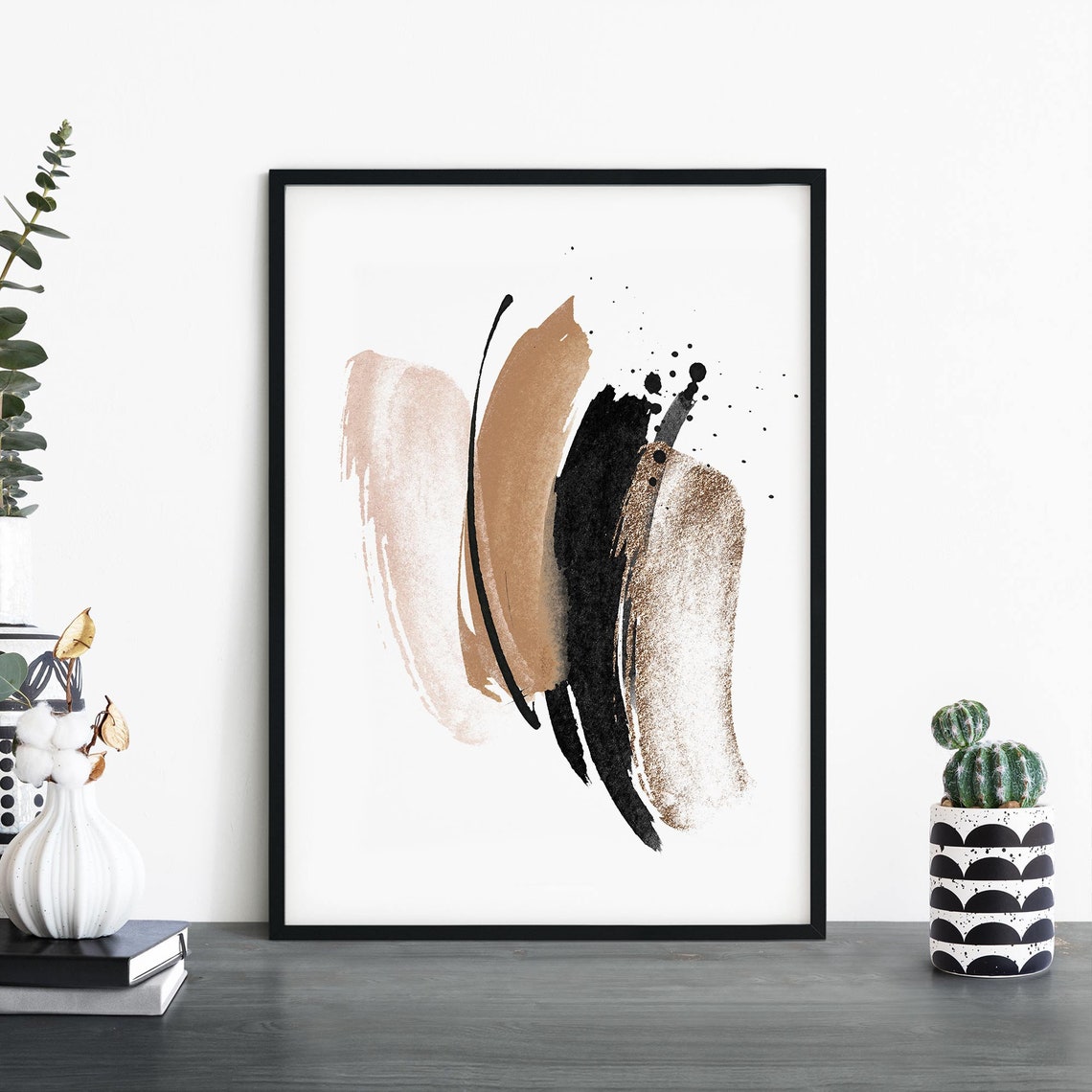 Abstract Black Tan And Blush Brushstroke Ink Splatter Poster