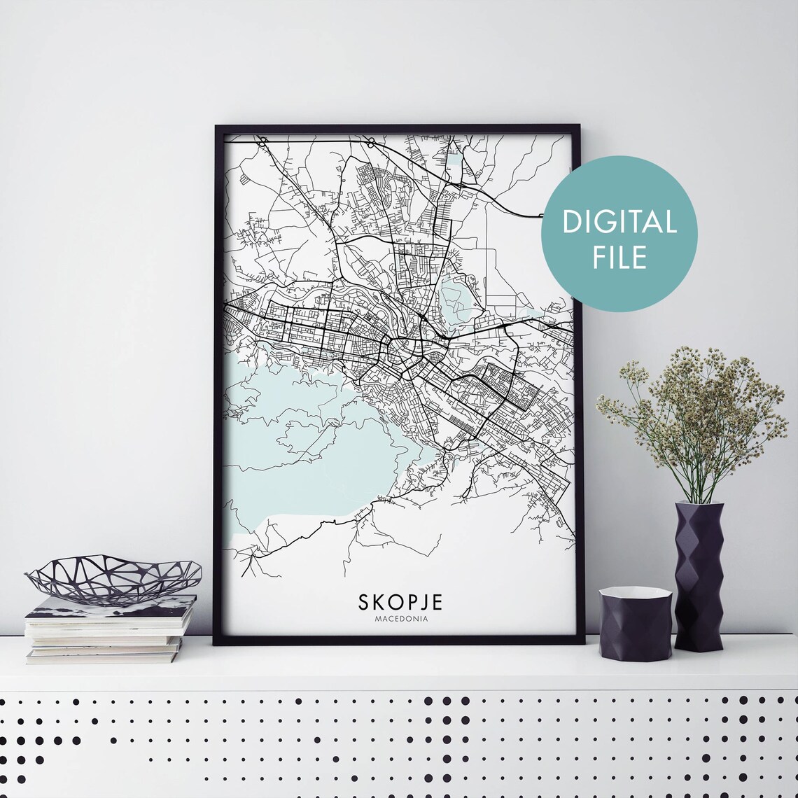 Skopje Macedonia Minimalist City Street Map Black and White Poster