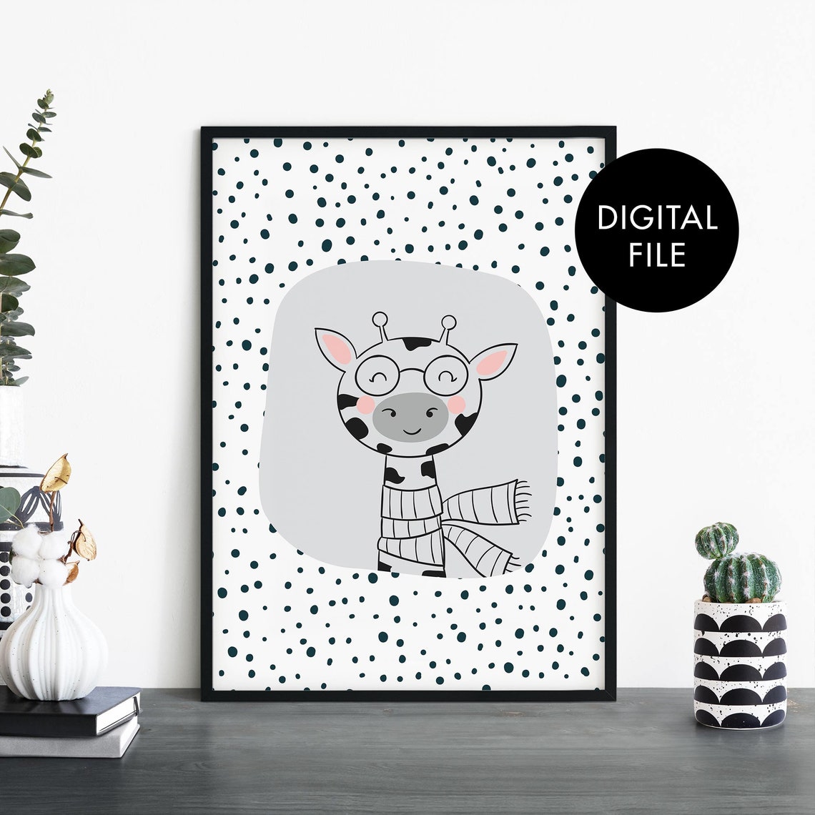 Cute Giraffe with Glasses Nursery Digital File Kids Room Poster Art