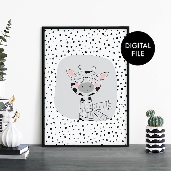 Cute Giraffe with Glasses Nursery Digital File Kids Room Poster Art