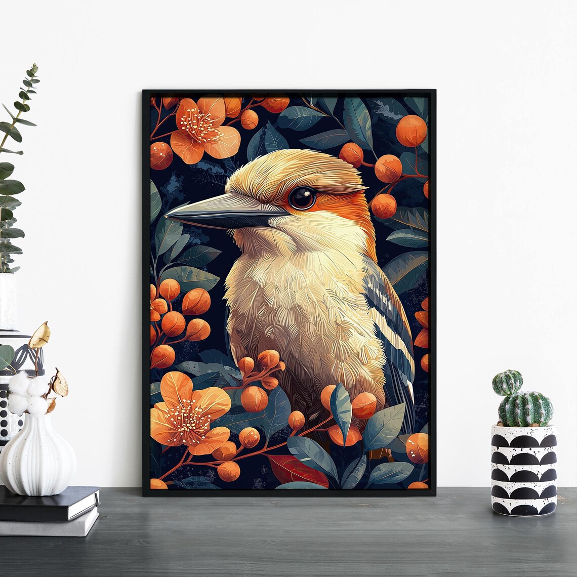 Kookaburra Australian Bird Portrait Orange Blossom Art Print