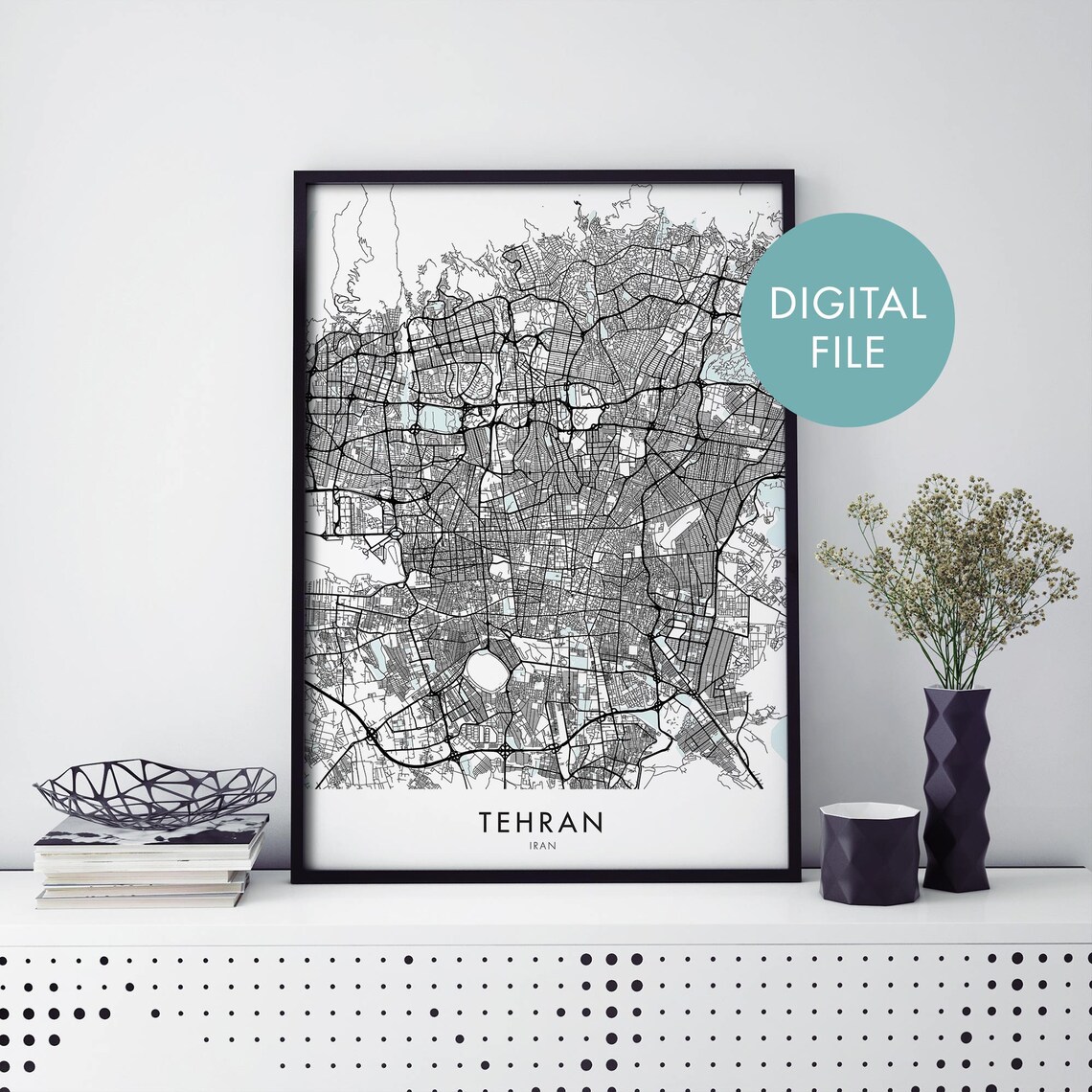 Tehran Iran Minimalist City Street Map Monochrome Line Art Poster