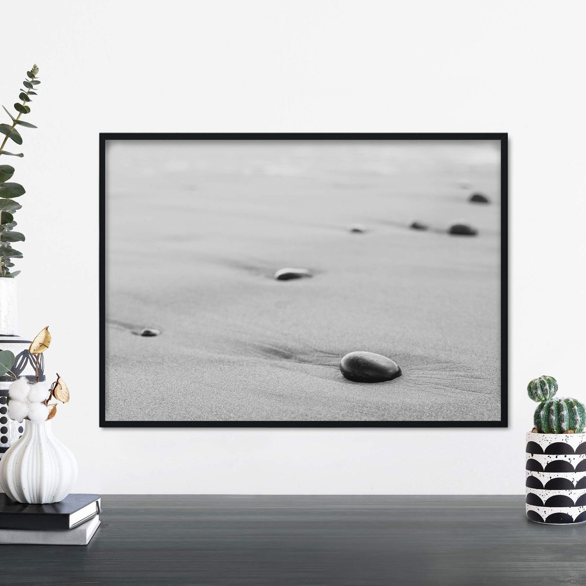 Smooth Pebbles on Gray Sand Minimalist Black and White Beach Poster