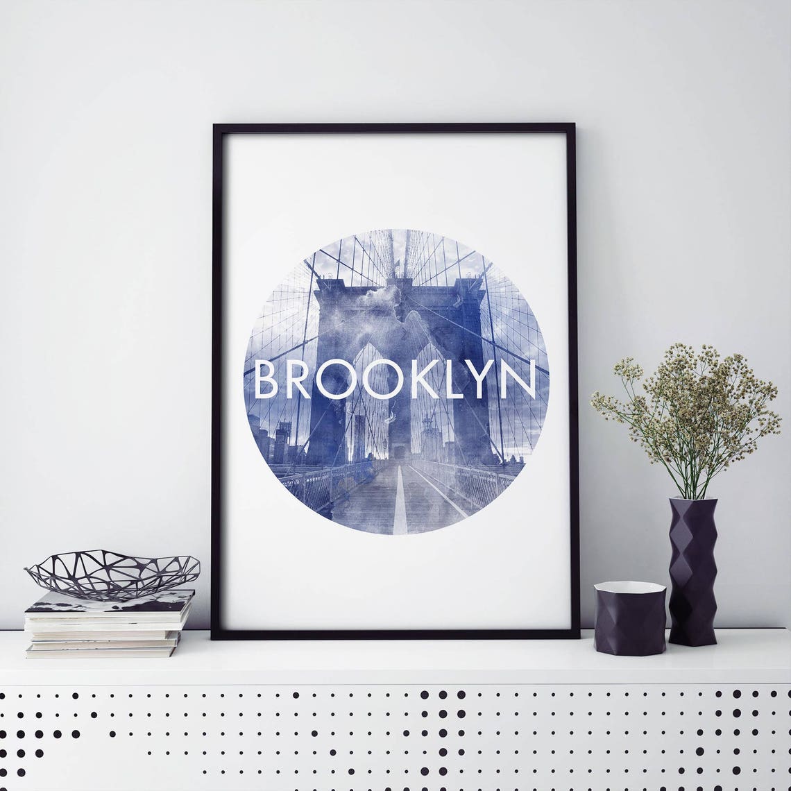 Brooklyn Bridge Blue Watercolor Circle New York Travel Print