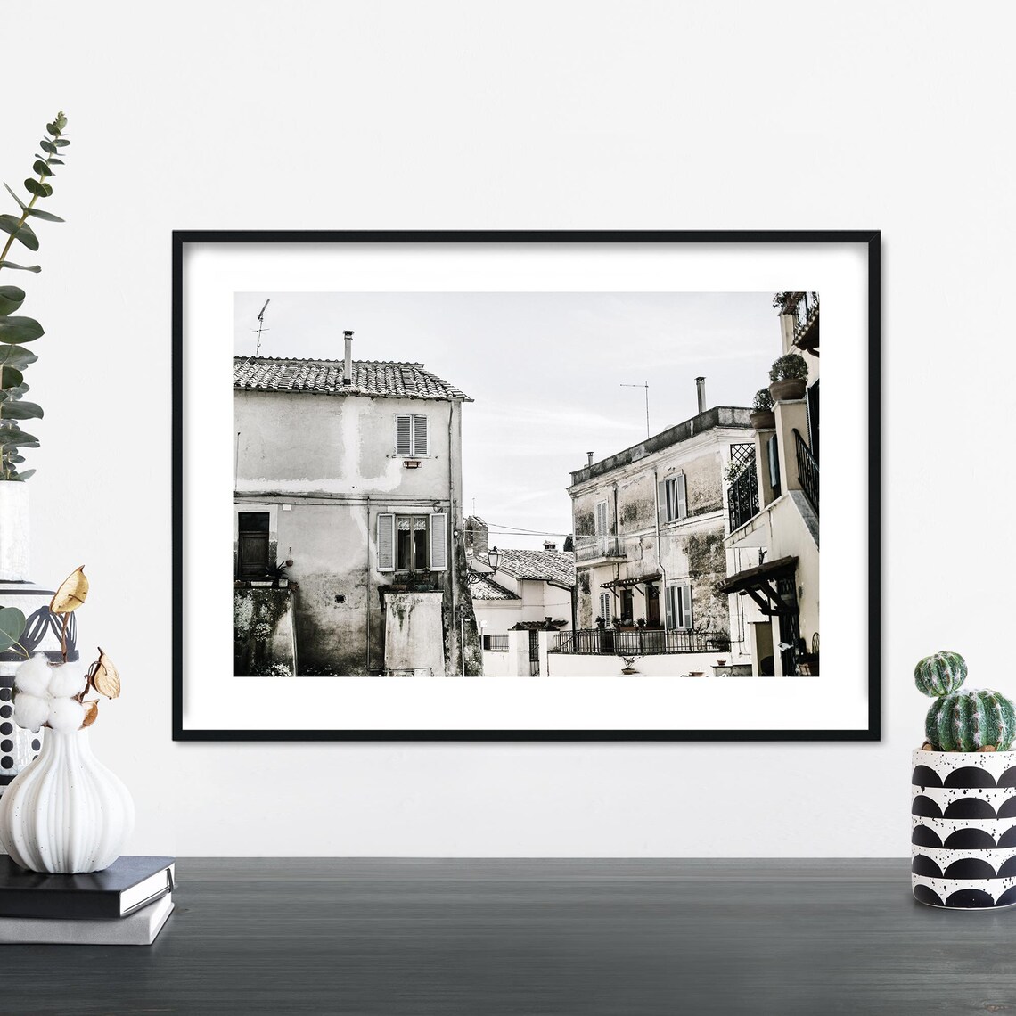 Rustic Italian Village Rooftops Black White Travel Photo Poster