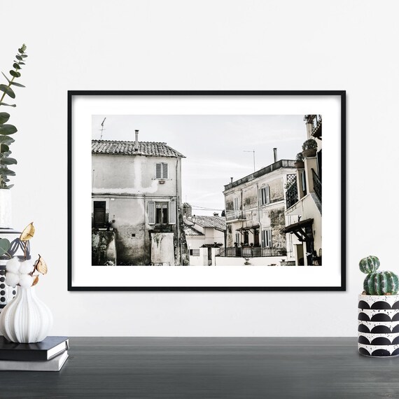 Rustic Italian Village Rooftops Black White Travel Photo Poster