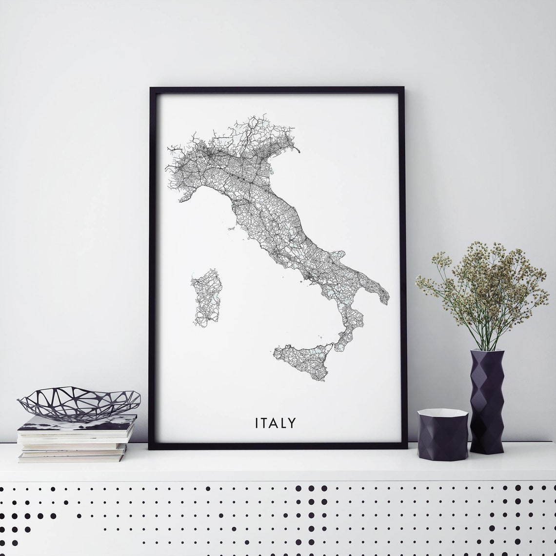 Italy Country Road Map Minimal Black And White Outline Poster