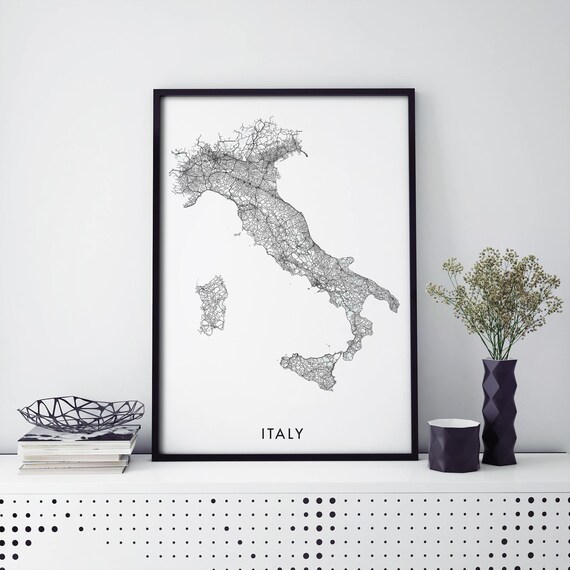 Italy Country Road Map Minimal Black And White Outline Poster