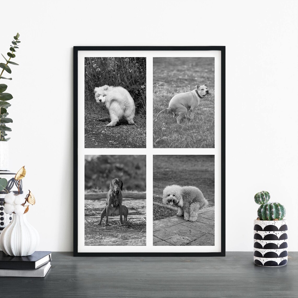 Pooch Pit Stop Four Dogs Bathroom Humor Black And White Photo Poster
