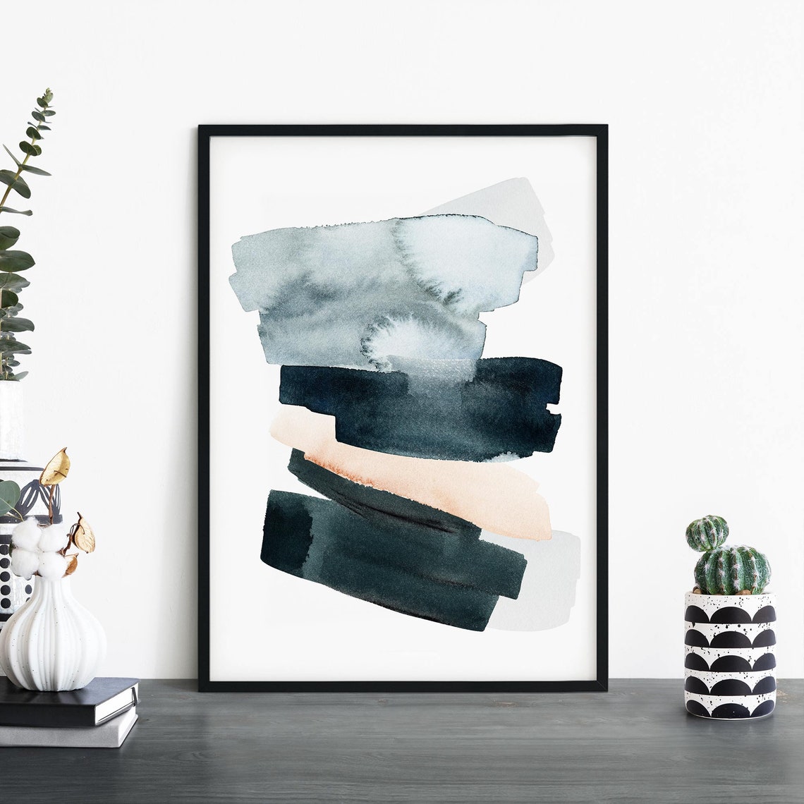 Layered Teal Grey Beige Brush Strokes Abstract Watercolor Poster
