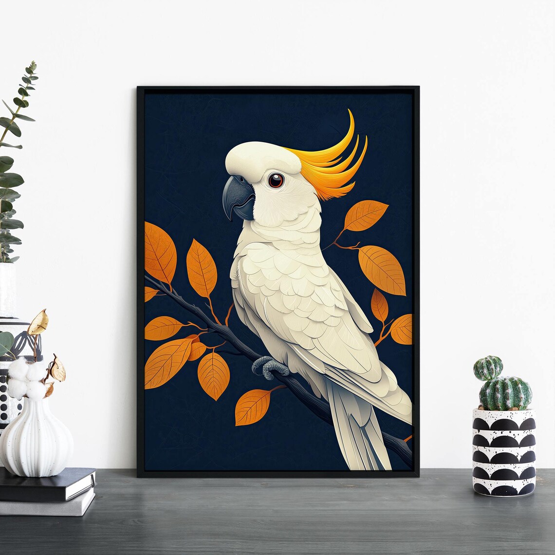 Sulphur Crested Cockatoo Side Profile With Autumn Leaves Bird Poster