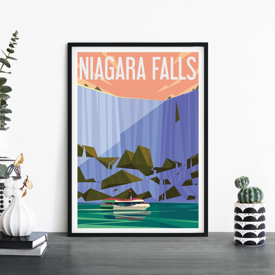 Niagara Falls Cascading Blue Water With Boat Vintage Travel Poster