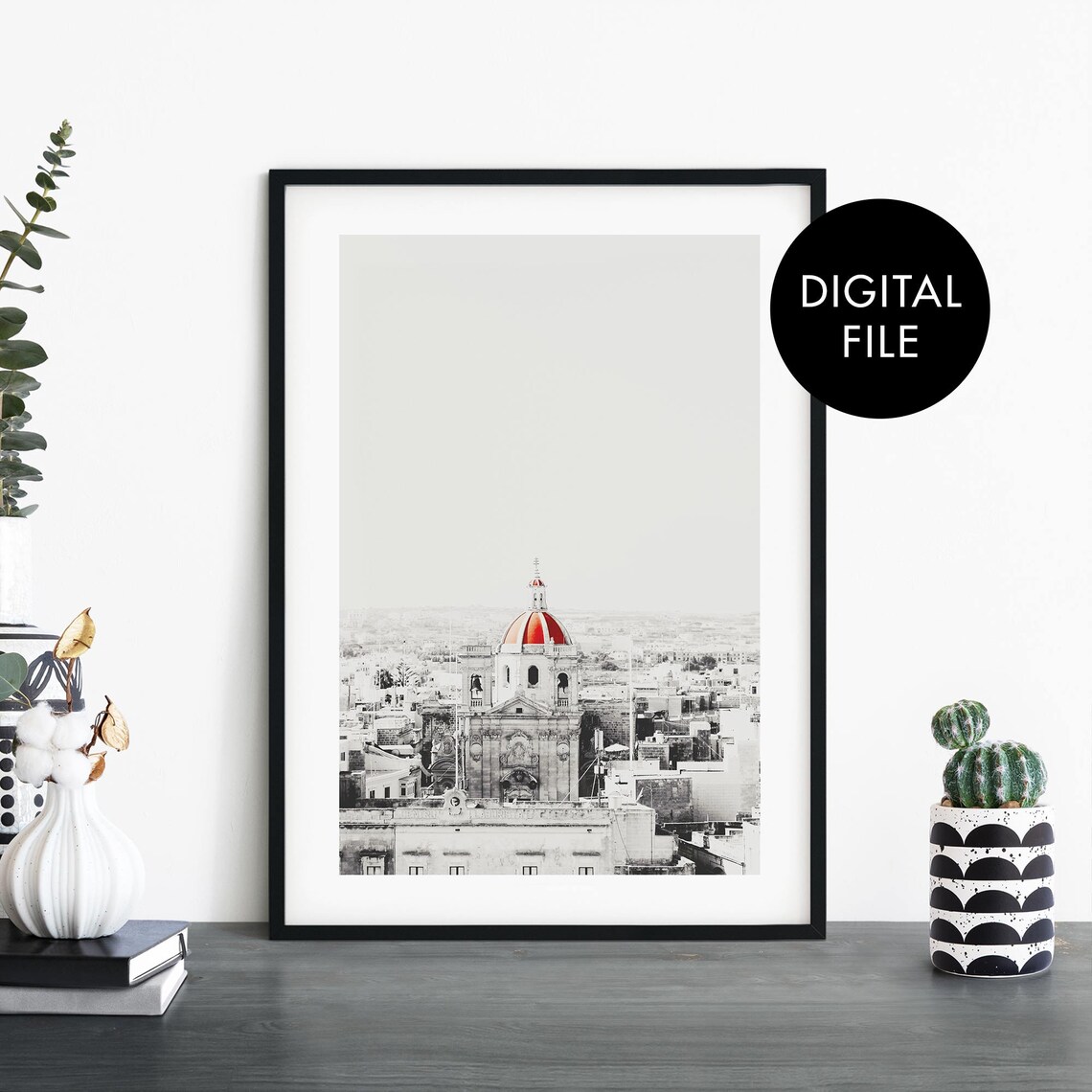 Malta Church Red Dome Monochrome Cityscape Photography Poster