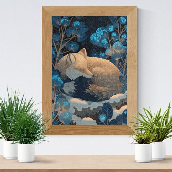 Mystical Winter Fox Art Gouache Painting Dark Academia Decor Blue Botanical Print Instant
