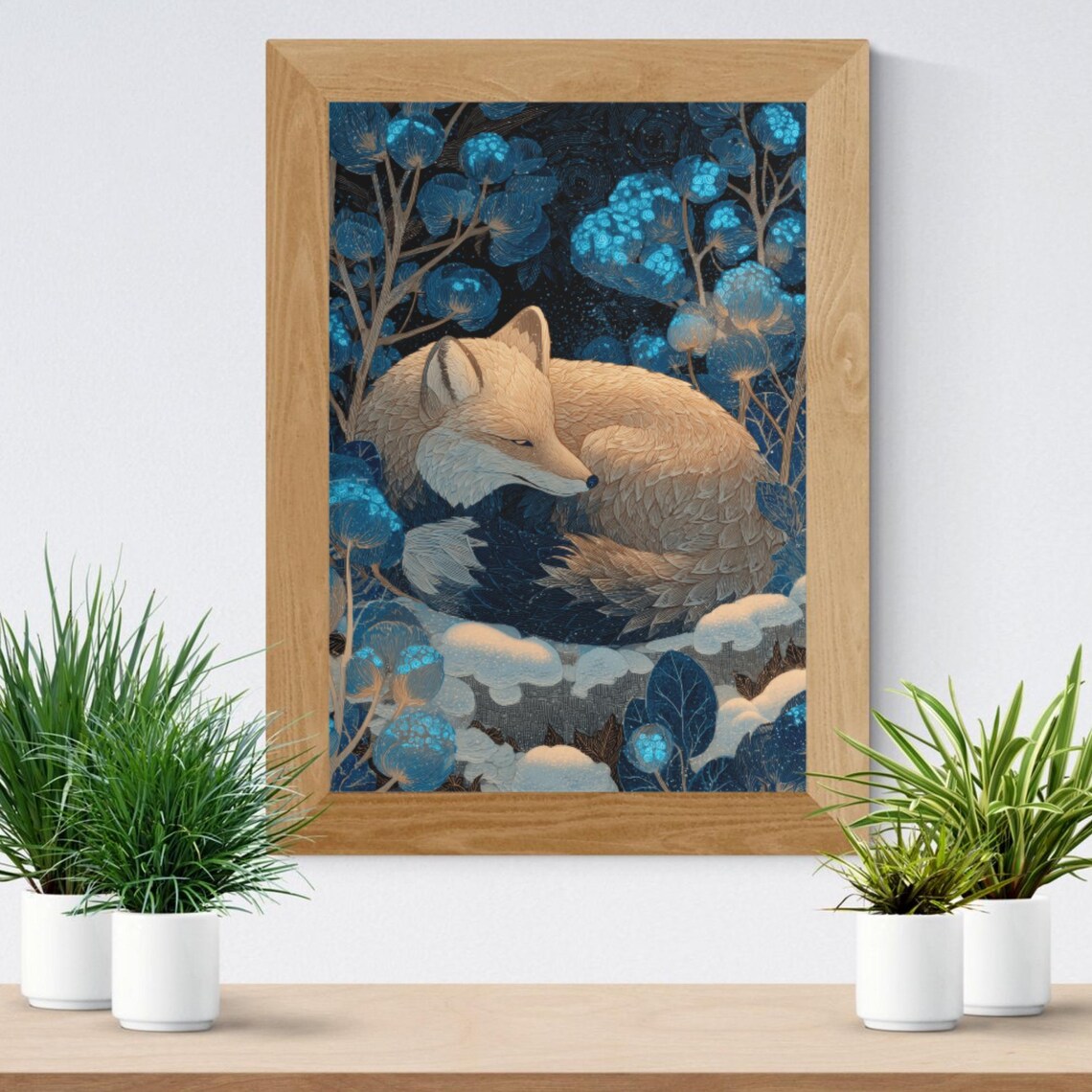 Mystical Winter Fox Art Gouache Painting Dark Academia Decor Blue Botanical Print Instant