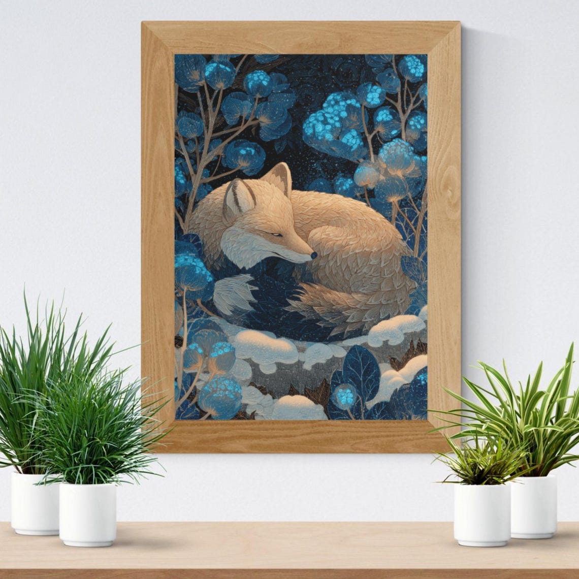 Sleeping Fox in Glowing Blue Winter Florals Snowy Dream Poster