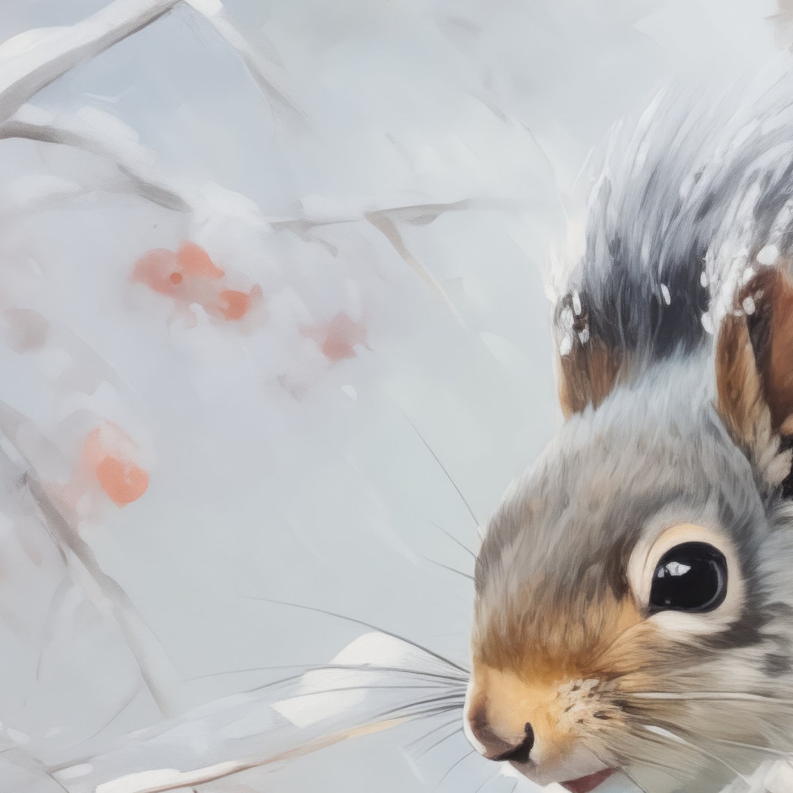 Red Squirrel on a Snowy Branch with Red Berries Painting Poster - Image 3