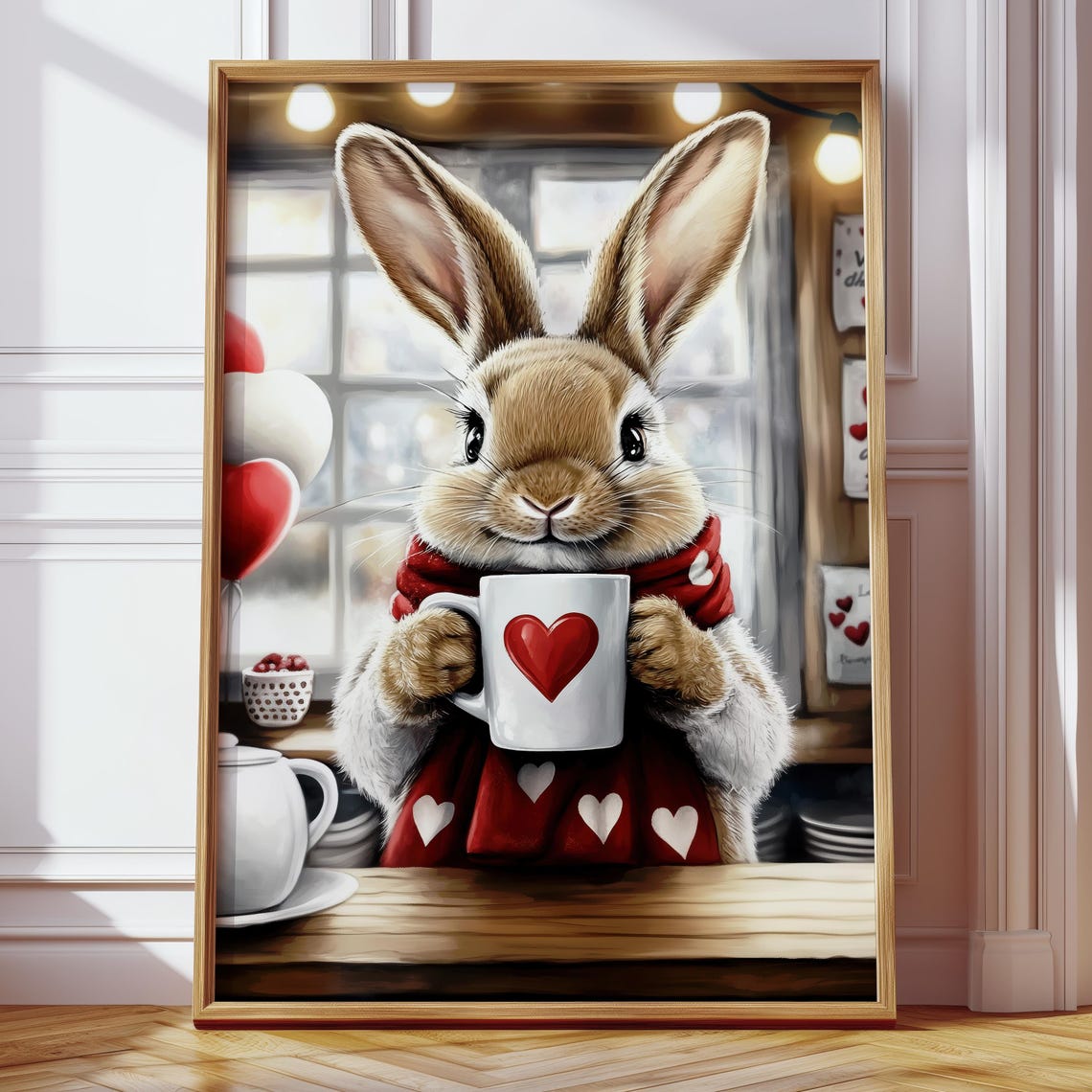 Bunny in Heart Scarf Drinking Cocoa Cafe Valentine Art Poster - Image 4