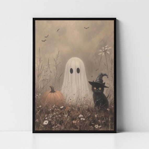 Cute Ghost And Black Cat In A Wildflower Field Print Spooky Halloween Fall Painting Wall Art Moody Ghost Autumn Decor