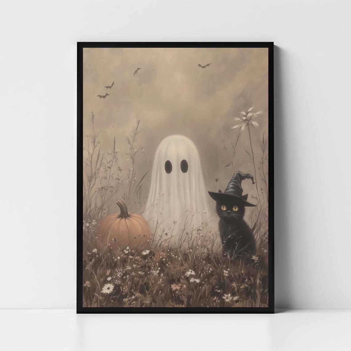 Vintage Cute Ghost and Black Cat in Witch Hat Autumn Field Poster