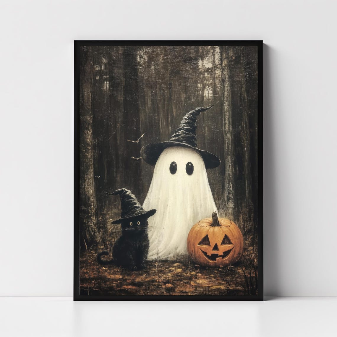 Cute Ghost in Witch Hat Black Cat Pumpkin Halloween Art Poster - Image 4