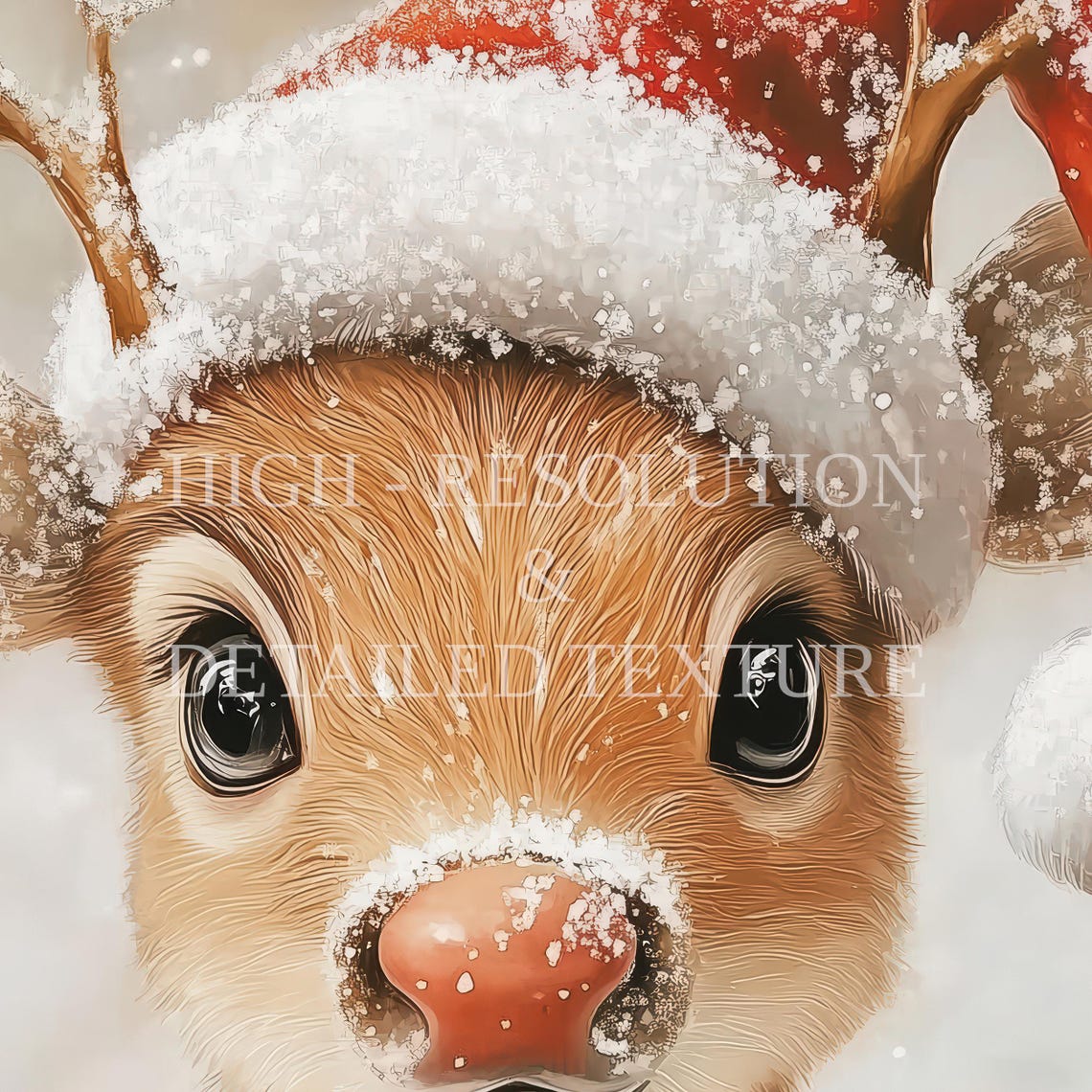 Cute Baby Reindeer Wearing Santa Hat with Red Nose in Snow Poster - Image 2