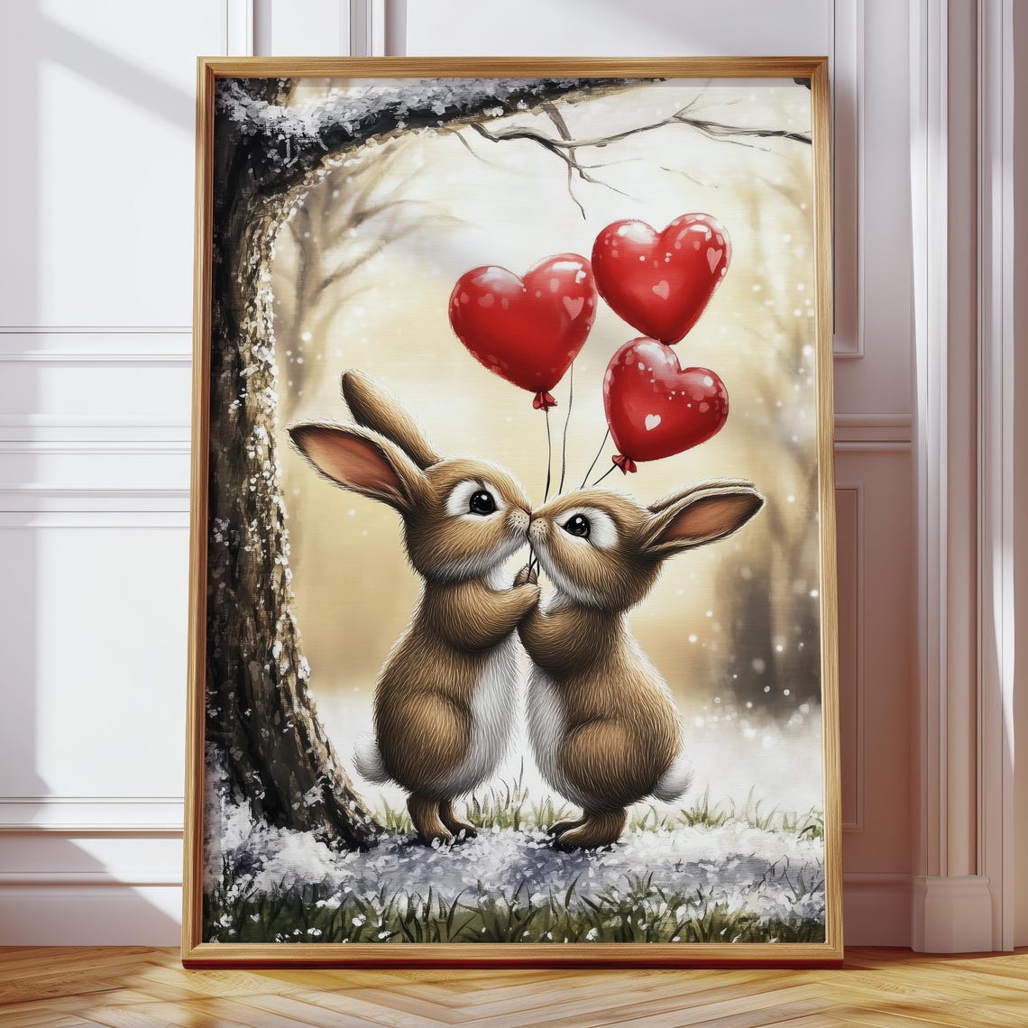 Two Bunnies Kissing with Red Heart Balloons Winter Love Poster - Image 4