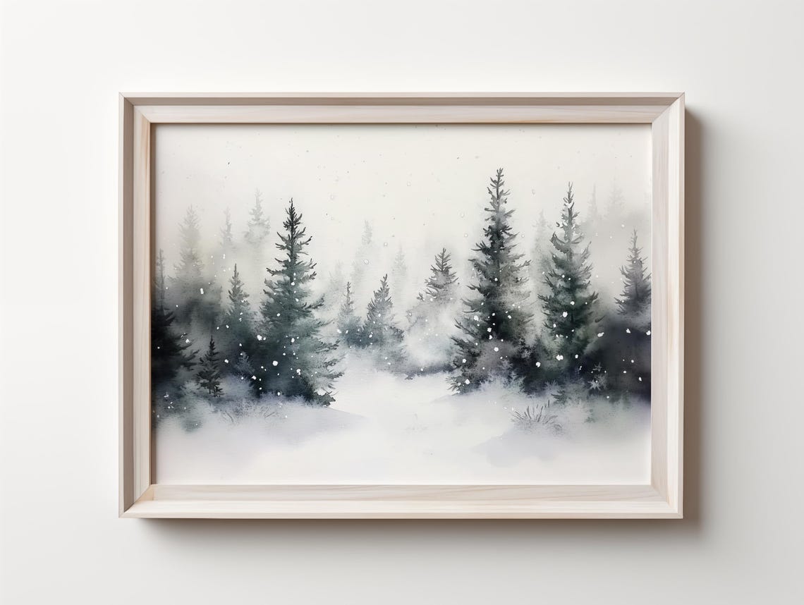 Misty Pine Forest Snowfall Soft Watercolor Landscape Art Poster