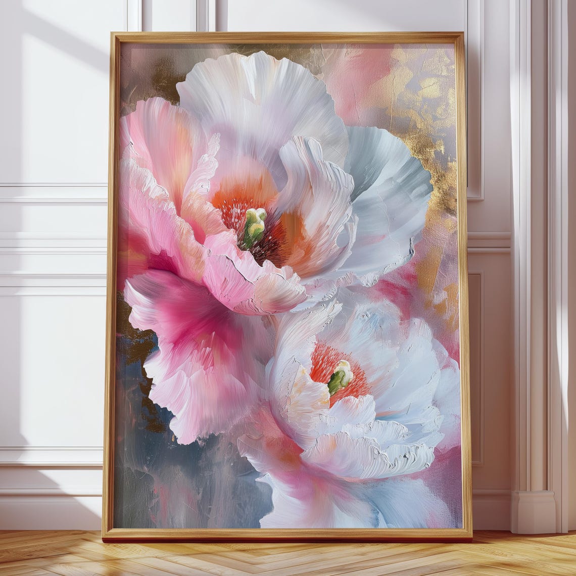 Pink and White Peony Blossoms Gold Accent Oil Painting Poster - Image 4