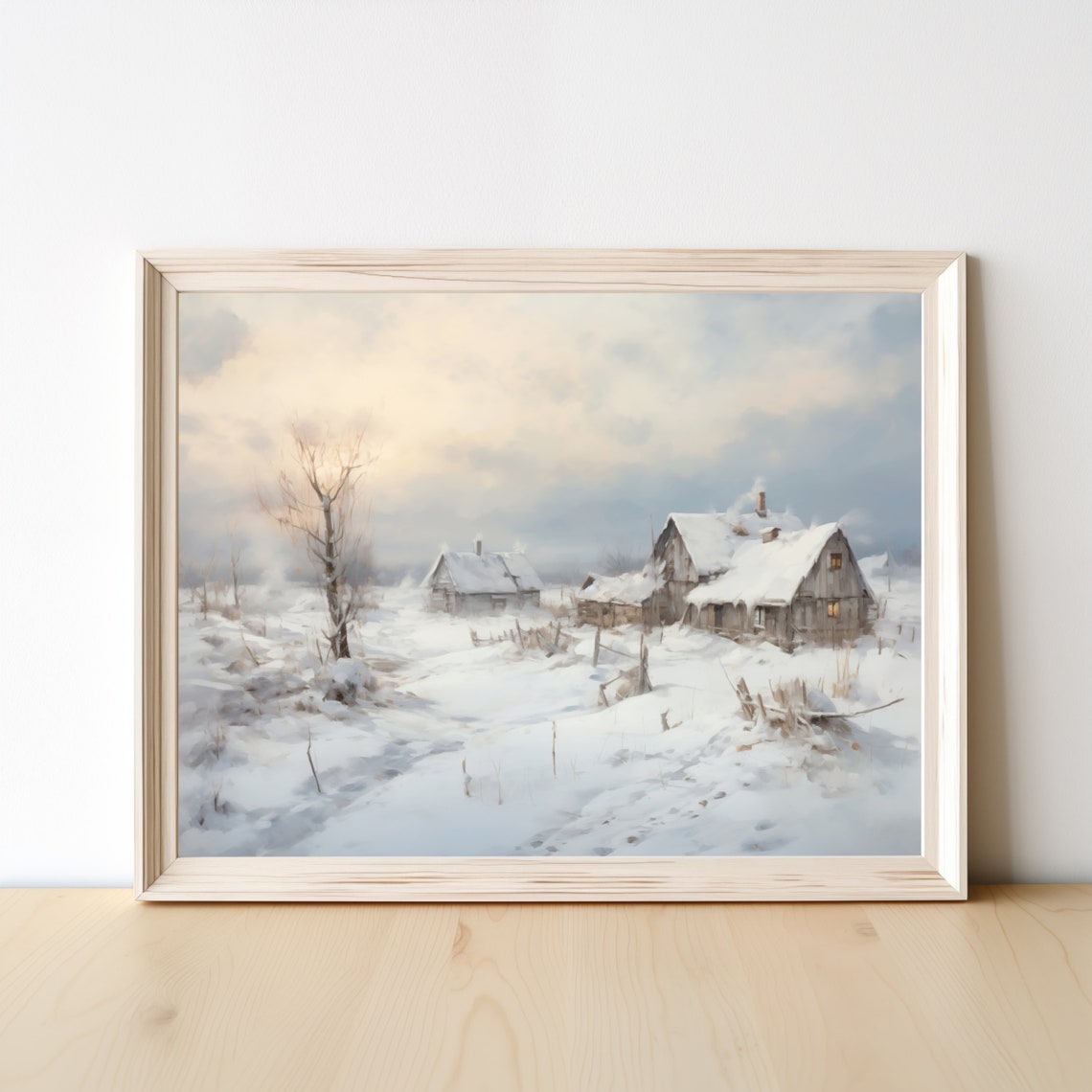 Snowy Village with Cozy Cottages Winter Landscape Painting Poster - Image 4