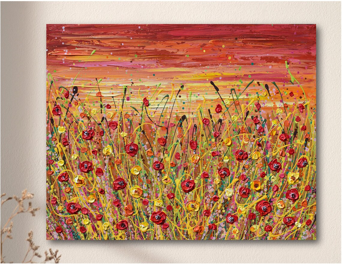Red Poppies at Sunset, Wildflower Field Art Print
