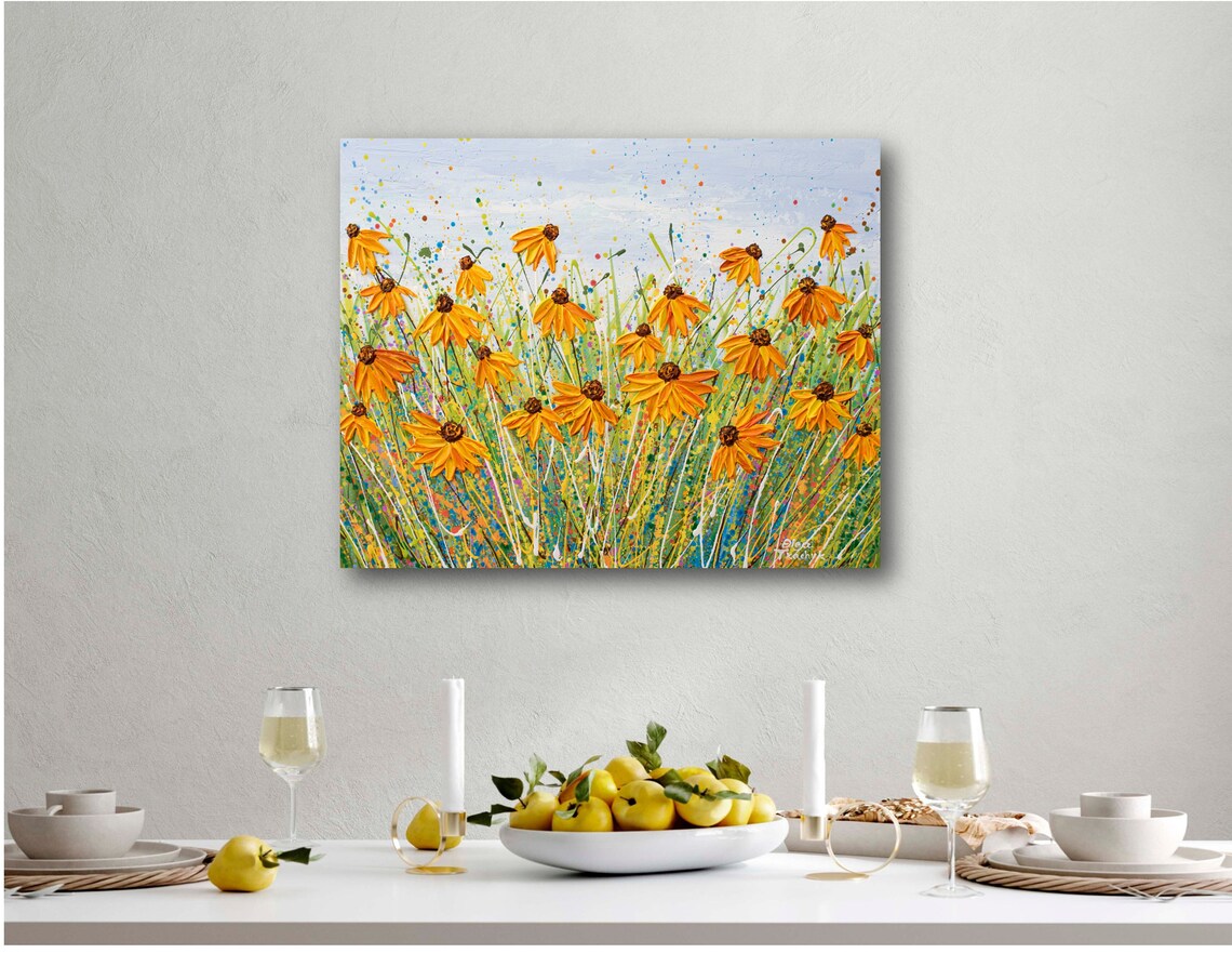 Orange Coneflower Meadow Brown Center Wildflower Impasto Art Print - Image 2